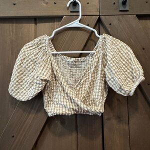 Women's Gingham Puff Sleeve Top - Brown